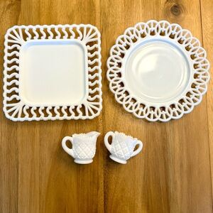 Milk Glass Plates, Cup and Small Pitcher Set! Beautiful lace design!